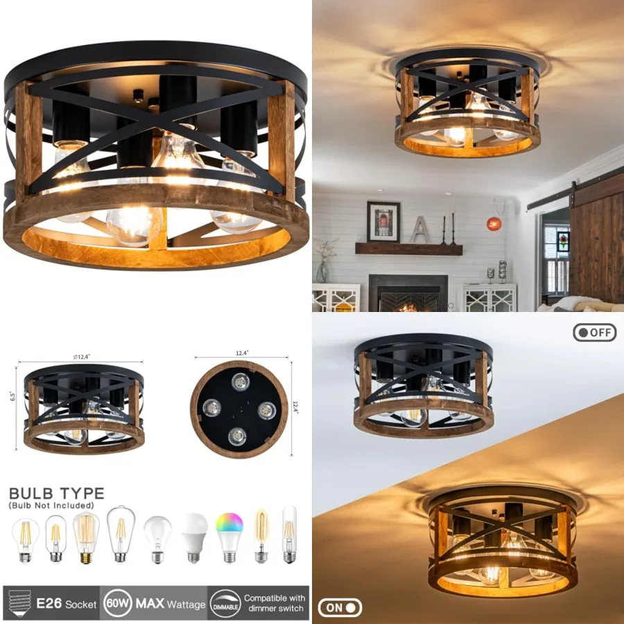 Farmhouse Light Fixtures, 4-Light Round Flush Mount Ceiling Light with Wood and Metal Frame, Black Rustic Ceiling Light for Hal
