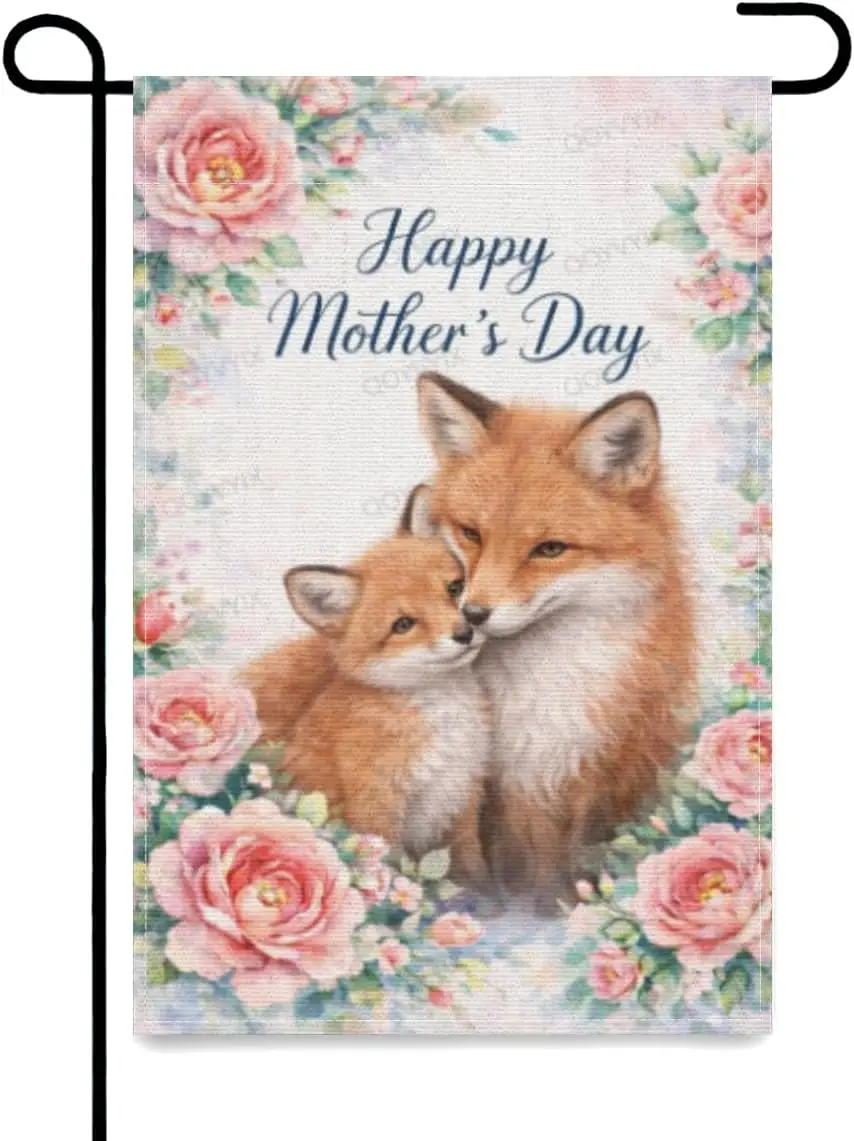 Mother’s Day Garden Flag Fox with Spring Floral Watercolor Design Double Sided Outside Yard Decoration Small Yard Flag 12x18 AAS