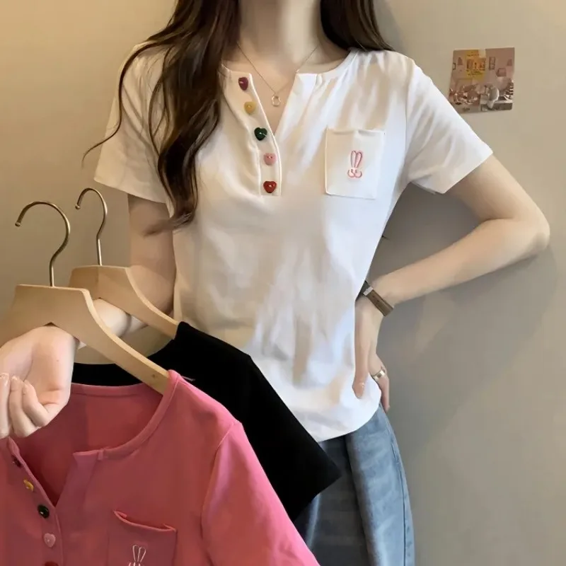 Young Women Summer V-Neck Slim Casual T-Shirt Women Student Slim Short Sleeve Top Girls Sports T-Shirt Ladies Casual Base Shirt