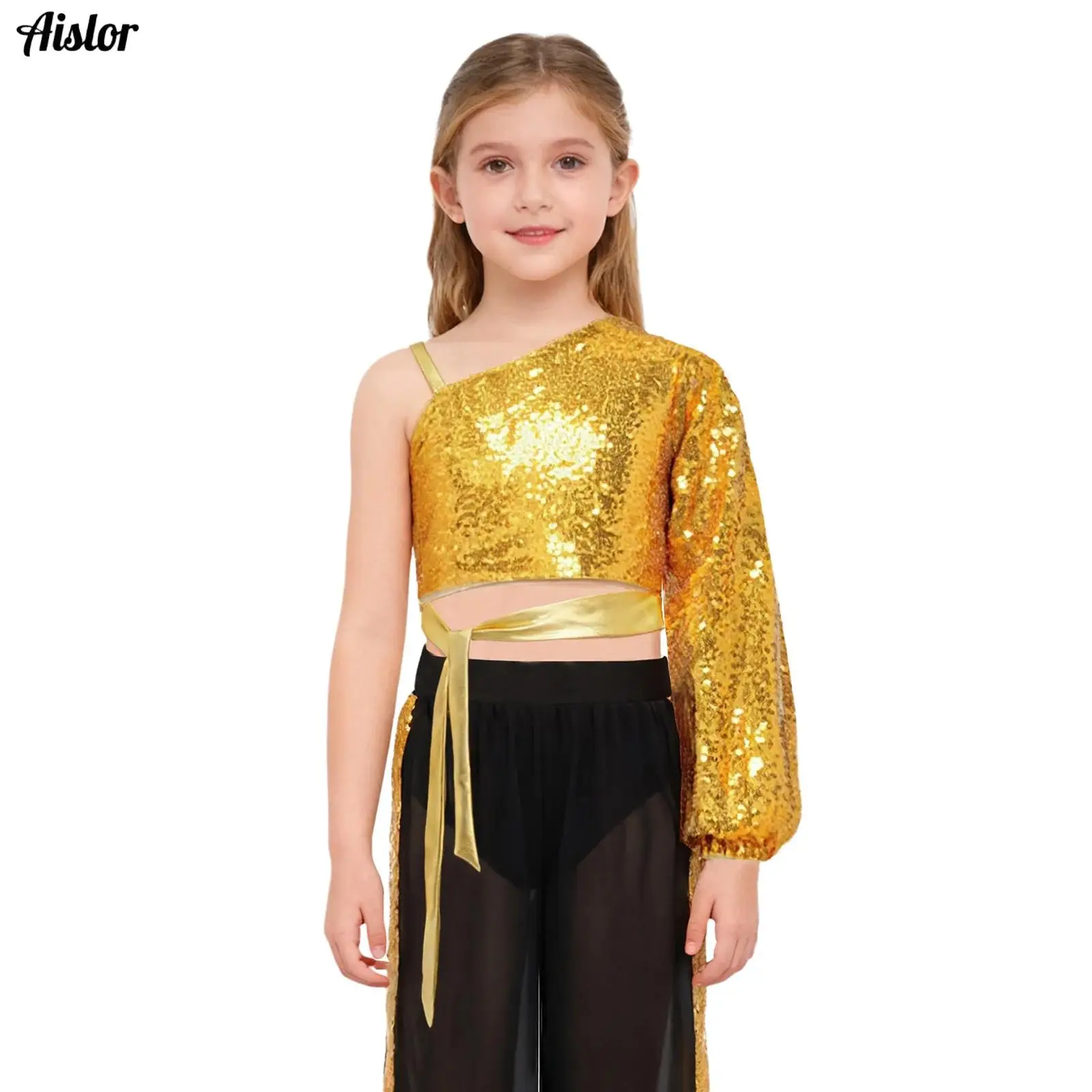

Kids Girls Jazz Hip-hop Dance Top Shiny Sequins One Shoulder Long Sleeve Side Zipper Self-Tie Crop Top Fashion Street Dancewear