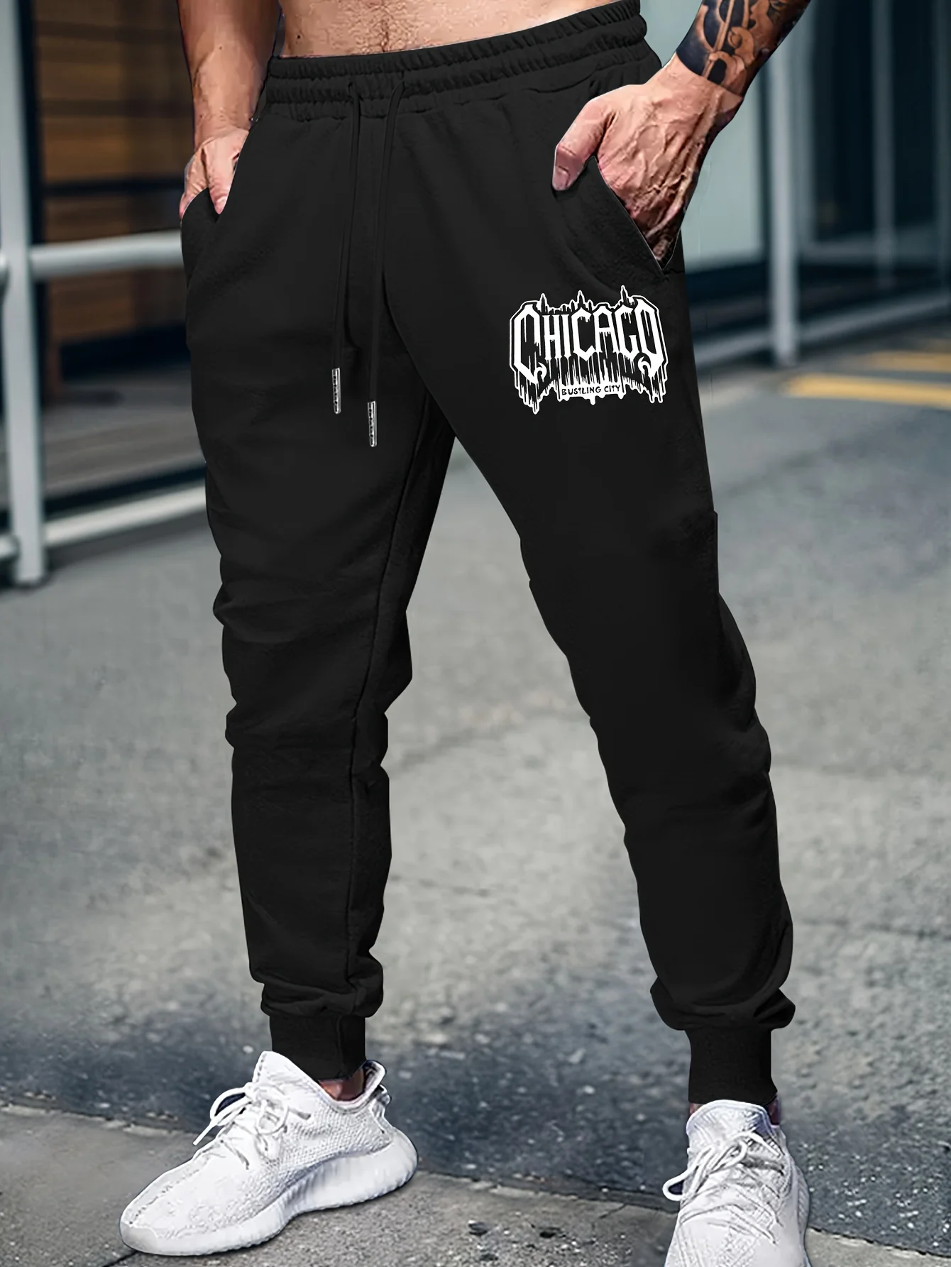 Urban‑trendy Chicago Bustling City Gothic Ice‑drip Letter Print Stylish Tapered Sweatpants Men Hip Hop Sports Jogger Trousers
