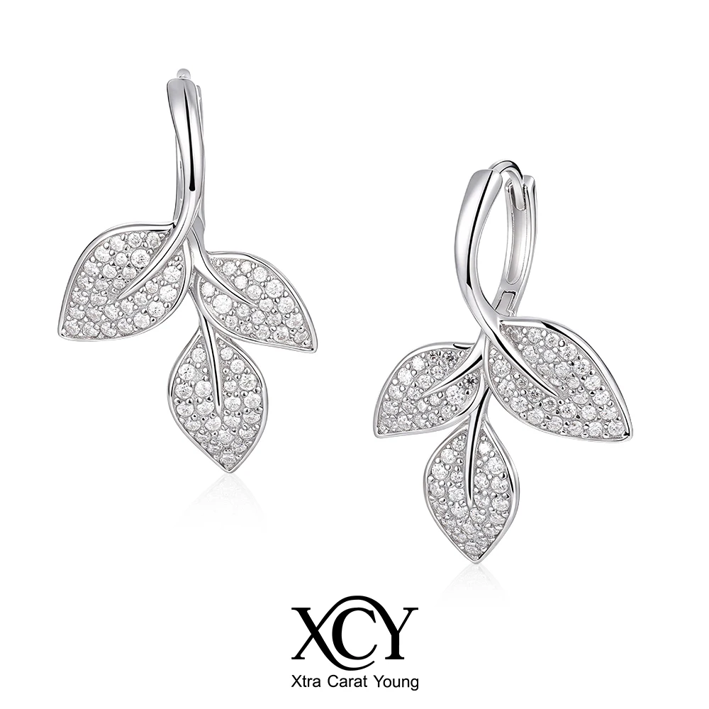 XCY Sparkling Moissanite Hoop Earrings for Women 925 Sterling Silver Wedding Party Jewelry Three Leaves Elegant Dangle Earrings