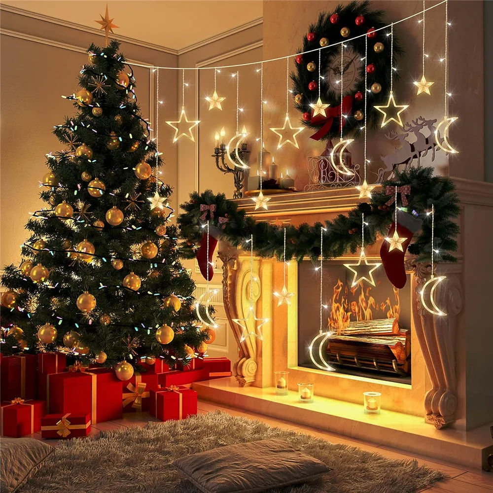 220V 138 led luci per tende Christmas Moon Star Window Fairy String Lights per la decorazione della camera da letto del bambino del Patio della finestra dell'interno