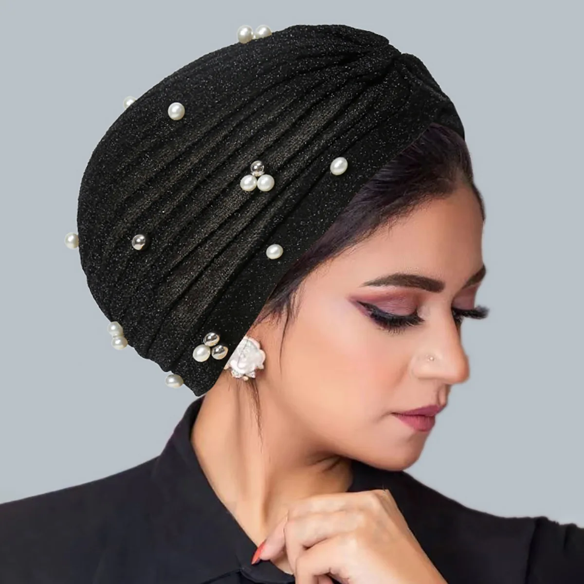 Trendy Ramadan Muslim Hijab Caps Solid Color Beads Wrap Head Turban Bonnet Fashion Indian Hat Headdress Wearable