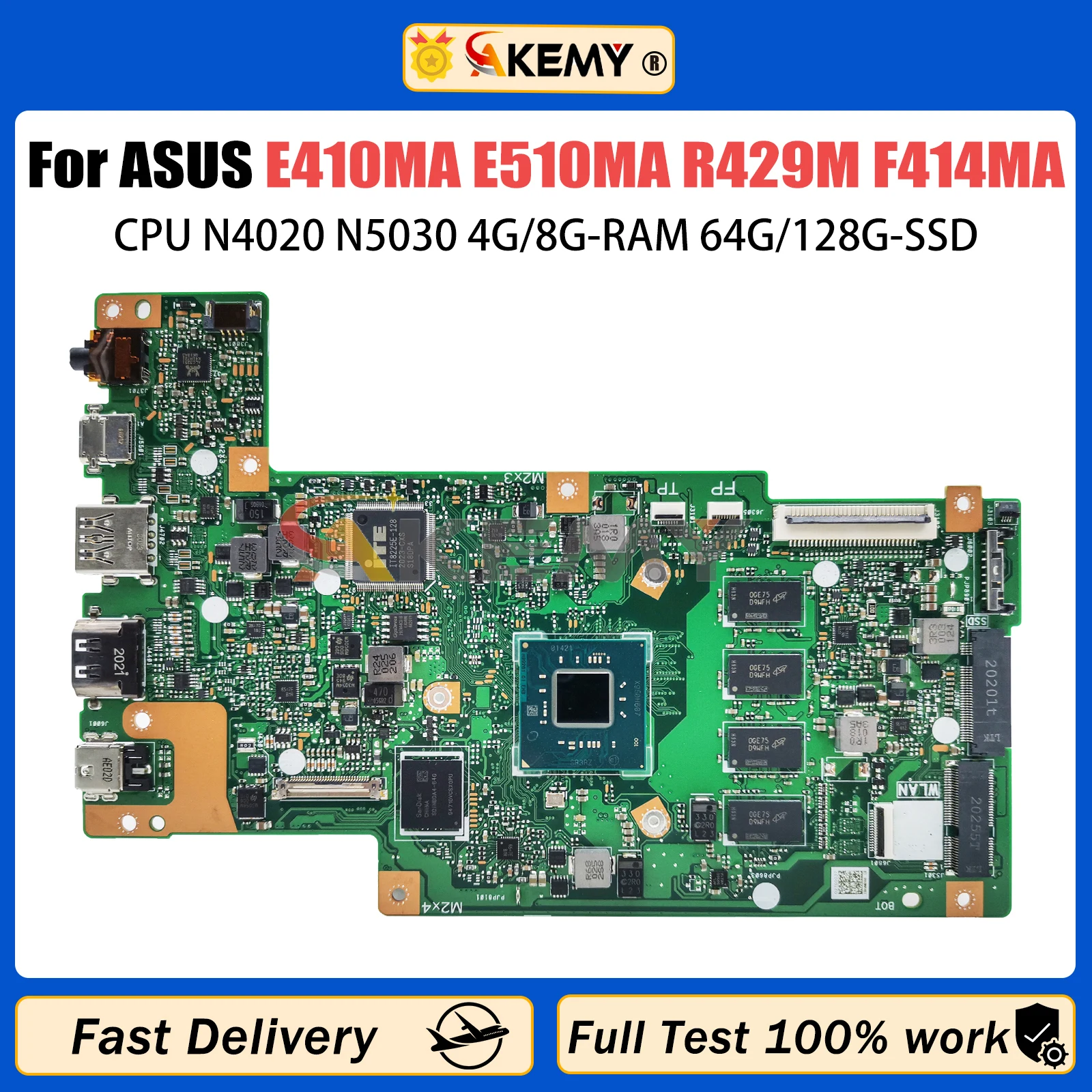 

AKEMY E410MA Mainboard For ASUS E410M E410MAB R429M F414MA E510MA Laptop Motherboard N4020 N5030 4GB/8GB SSD-64G/128G 14/15inch