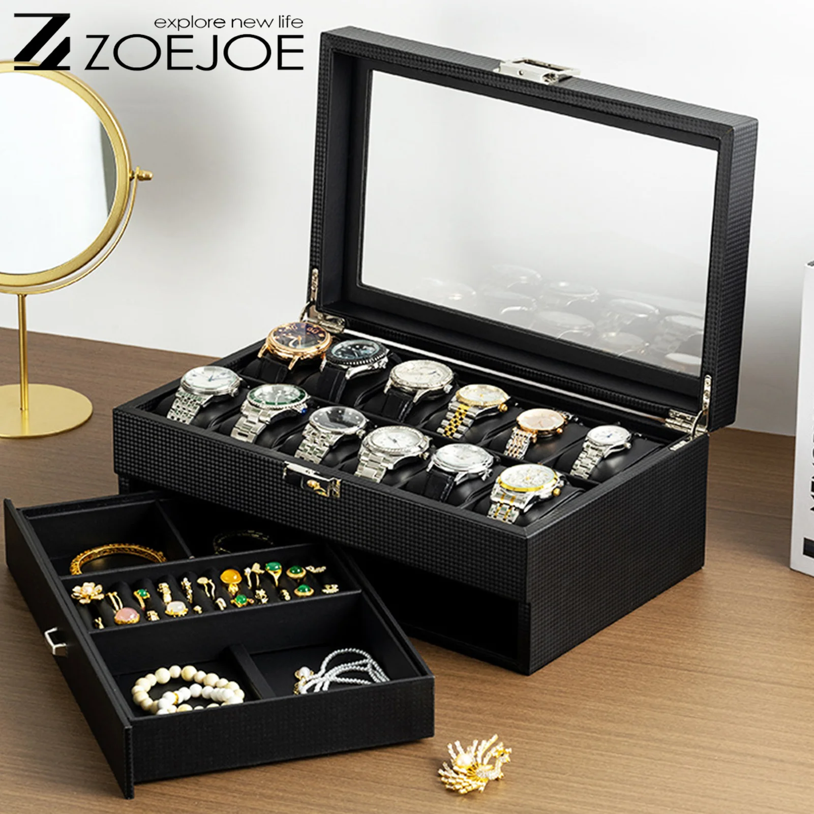 

3-стильная коробка для демонстрации часов, двухслойная коробка для хранения ювелирных изделий с кольцом, искусственная кожа с прозрачным стеклом, аксессуары для часов, коробка, чехол