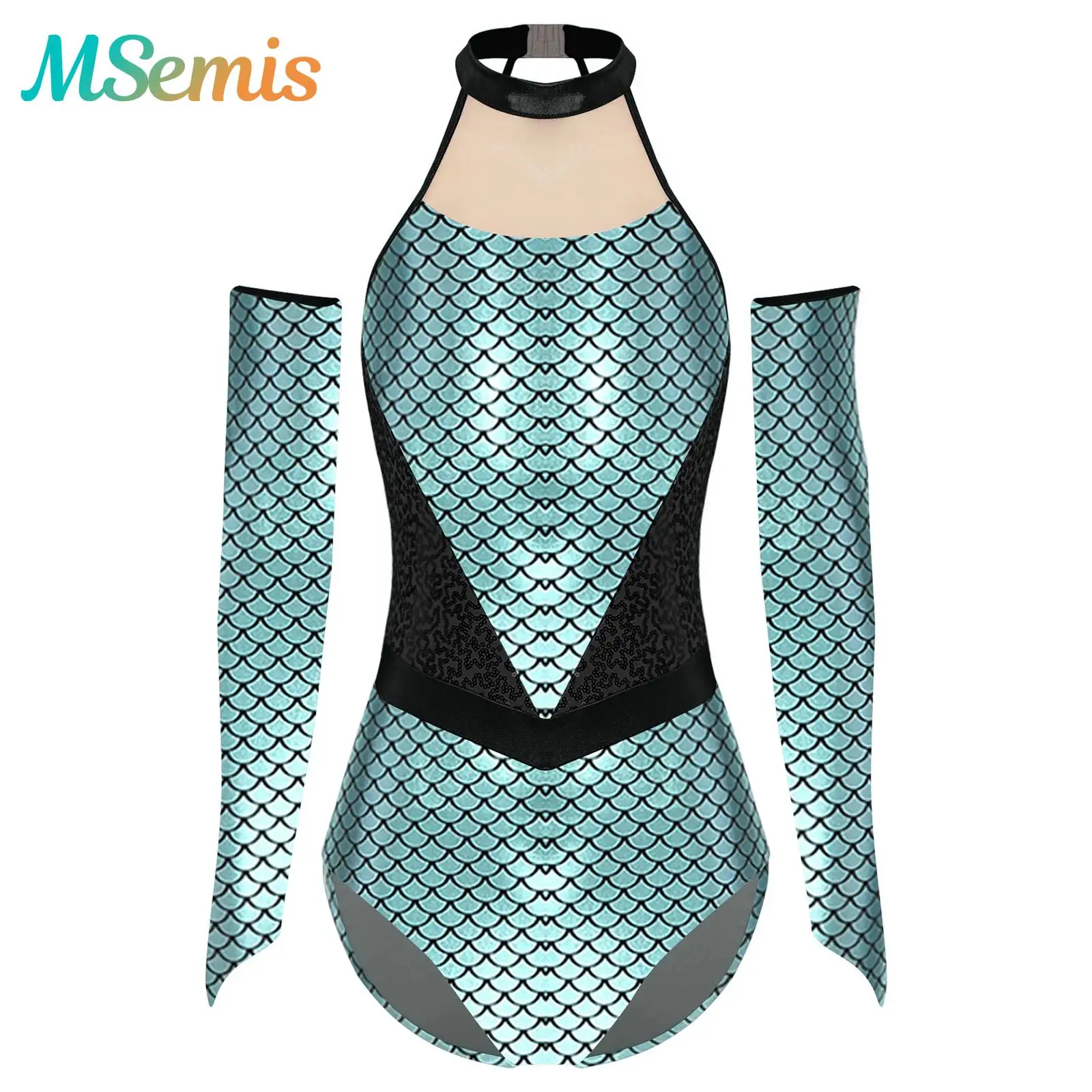

Womens Sequin Mermaid Bodysuit with Fingerless Gloves Shiny Halloween Carnival Cosplay Costume Halter High Cut Leotard Jumpsuit