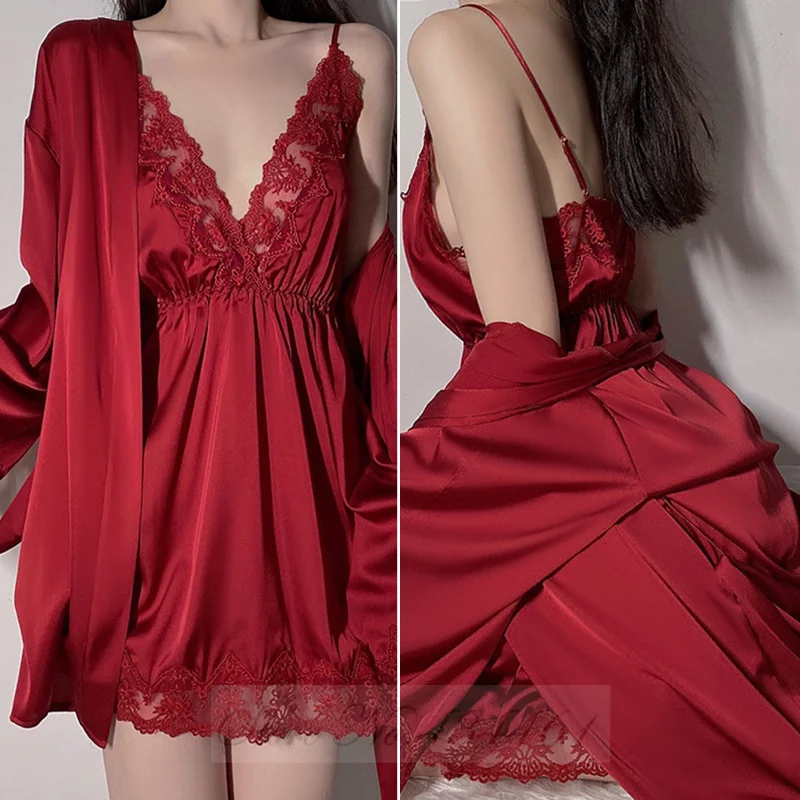 Sexy Female Nighty&Robe Set Suspender Nightdress Summer Lace Trim Satin Sleepwear Nightgown Loose Casial Bathrobe Home Wear