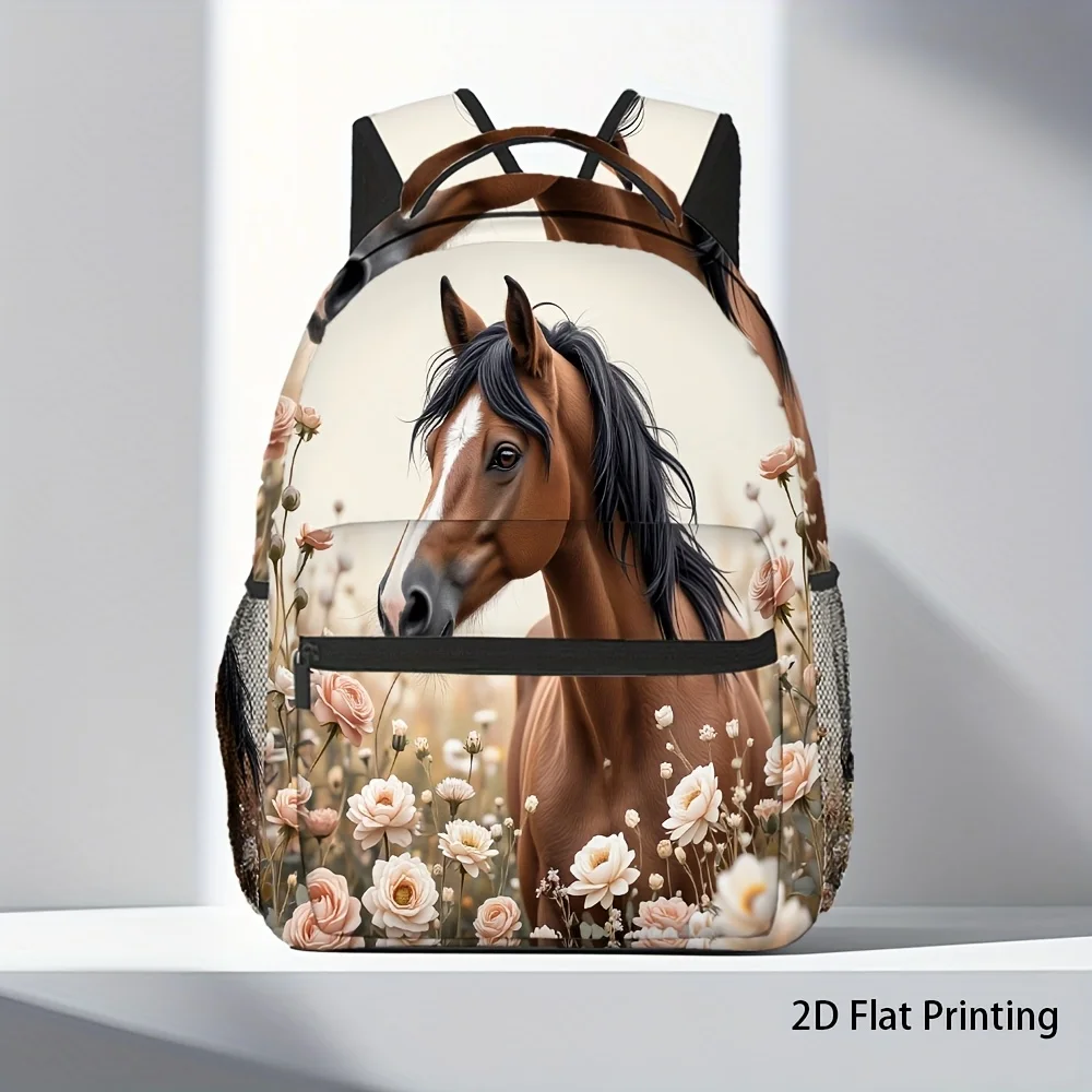 

Horse and Flower Racing Festival Backpack Cool and Functional Design Lightweight Polyester Lining