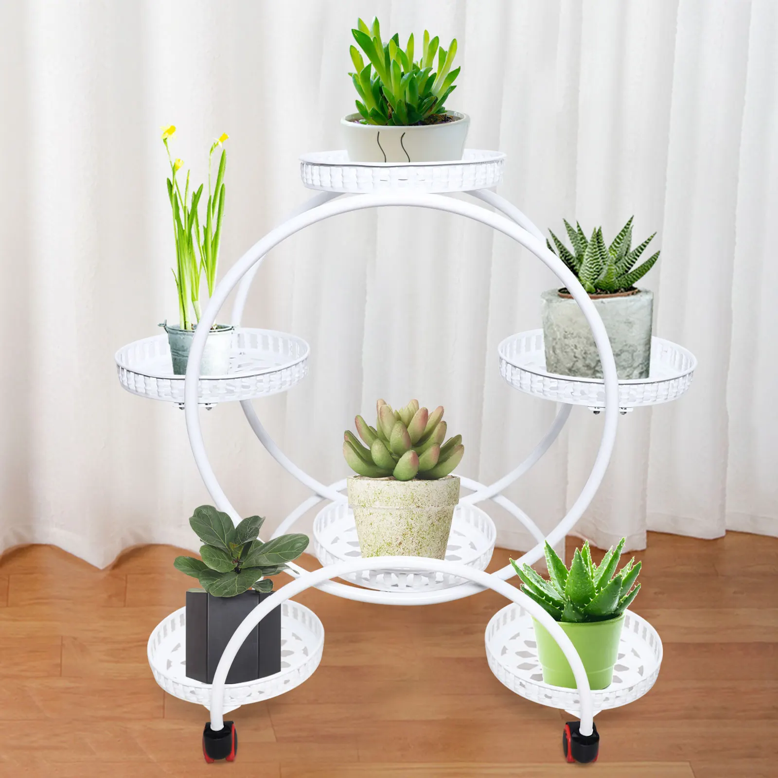 Plant Stand with Multi-Tier Staggered Design, White Iron Frame, Corrosion and Rust-Resistant, Easy to Move with  Wheels,