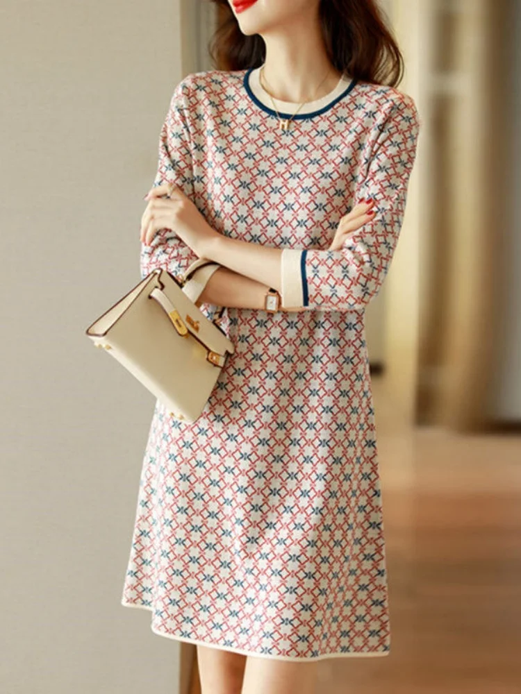 Elegant Pink Midi Dress Women's Spring Autumn 2026 New Loose plus Size Seven-Quarter Sleeve Fashionable A-Line Skirt