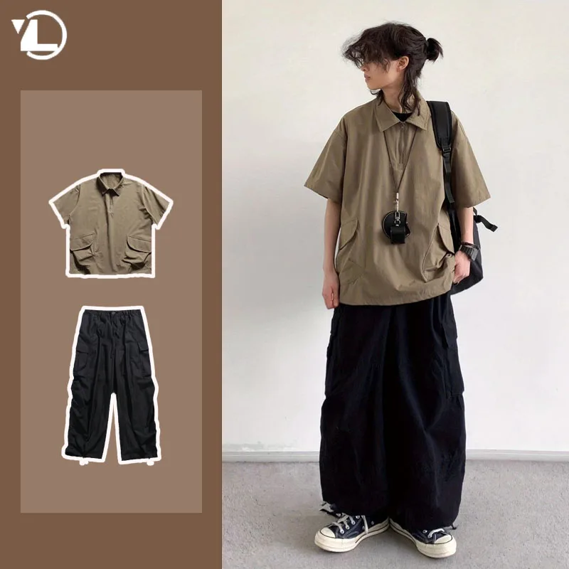 Japanese Summer 2-Piece Set Mens Half Zip Tooling T-shirt+Big Pocket Quick Drying Pants Sets Loose Casual College Unisex Suits