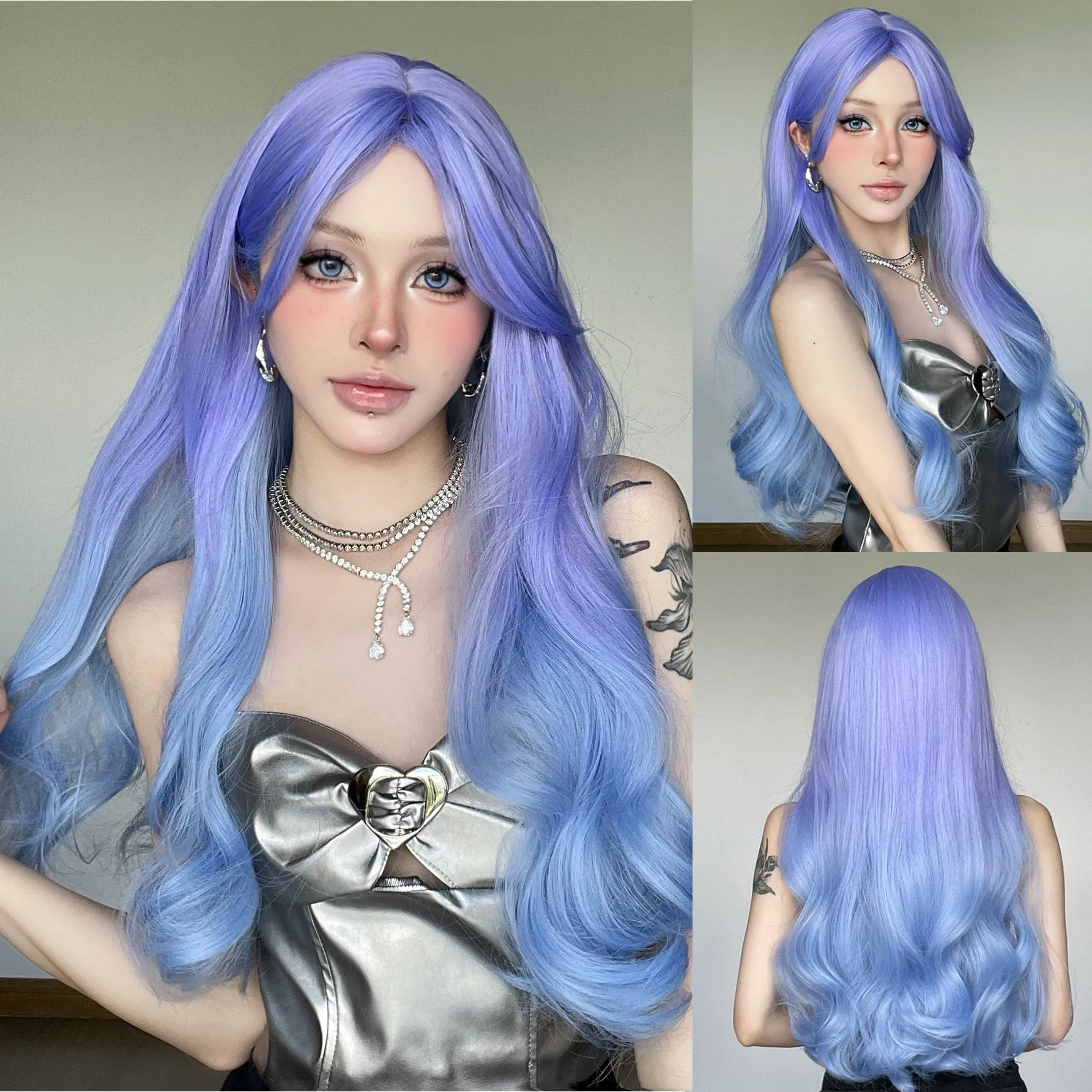 Wig female full headgear medium big wave blue gradual change long curly babes daily wig
