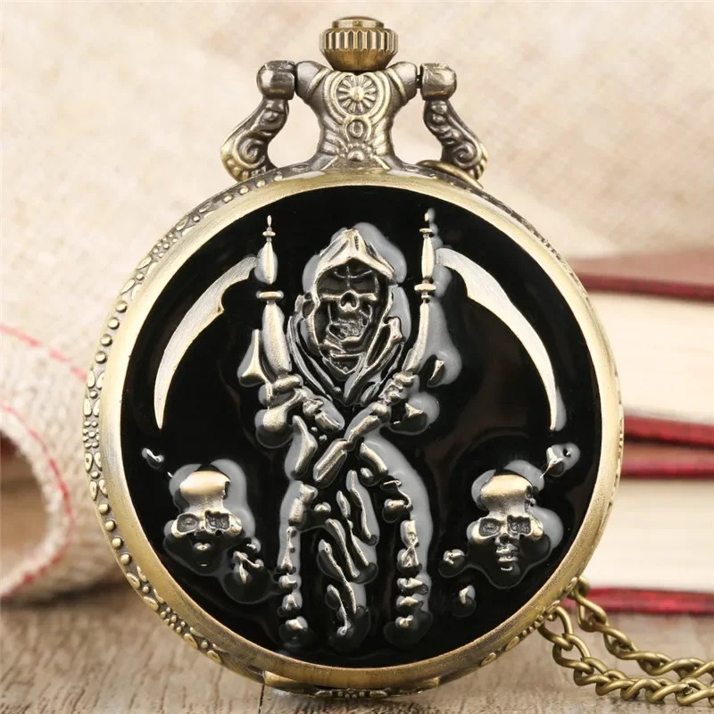 Bronze Evil Design Men Women Retro Quartz Analog Pocket Watch Necklace Pendant Chain Antique Timepiece Gothic reloj