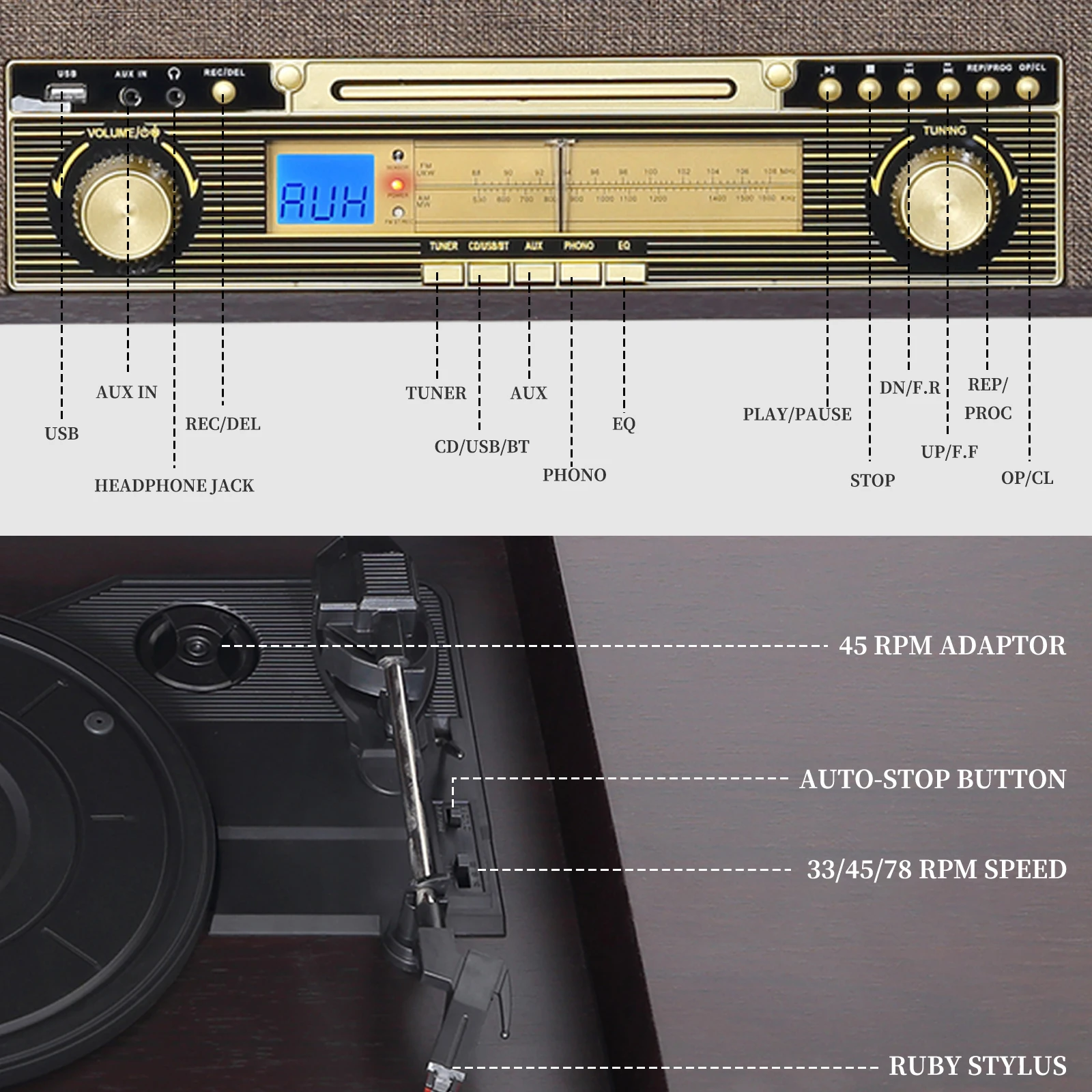 Portable Standing Stereo Gramophone Table LP Turntable Records Player