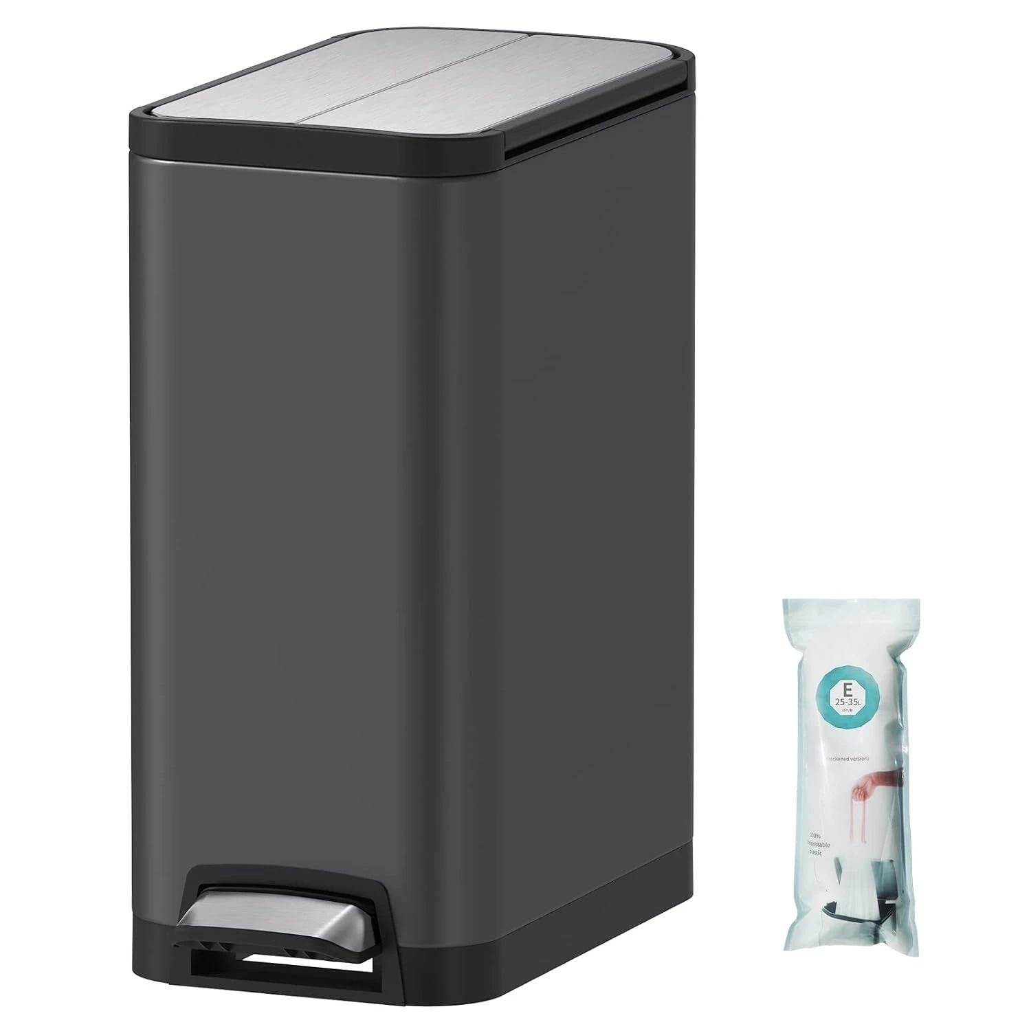 Dark Grey 9.3 Gallon Butterfly‑Lid Step Trash Can, Hands‑Free Foot‑Pedal Metal Waste Bin for Kitchen, Home Office and Household Waste Disposal