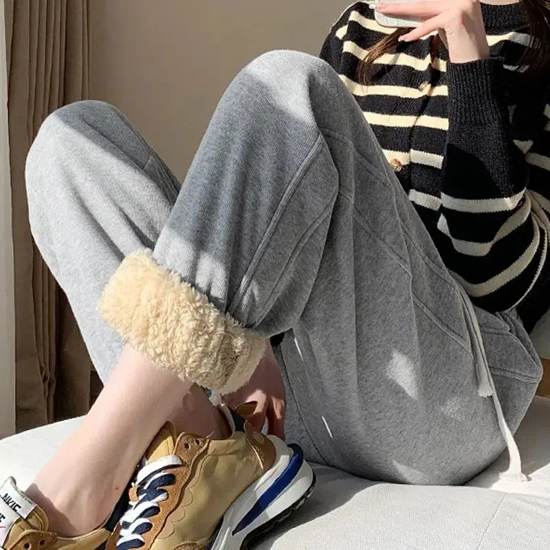 Plush Thick Straight Pants Women\'s Casual Thick Sweatpants Cashmere Harlan Pants High Waist Warm Drawstring Streetwear Trousers