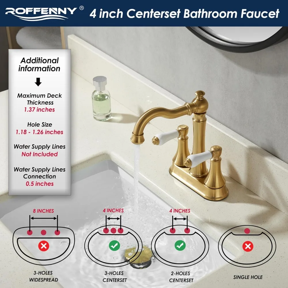 صنبور حمام بمقبضين من البورسلين باللون الذهبي المصقول مقاس 4 بوصات، 3 فتحات نحاس عالي القوس 360 درجة °   صنبور دوار، تصريف بلاستيكي منبثق