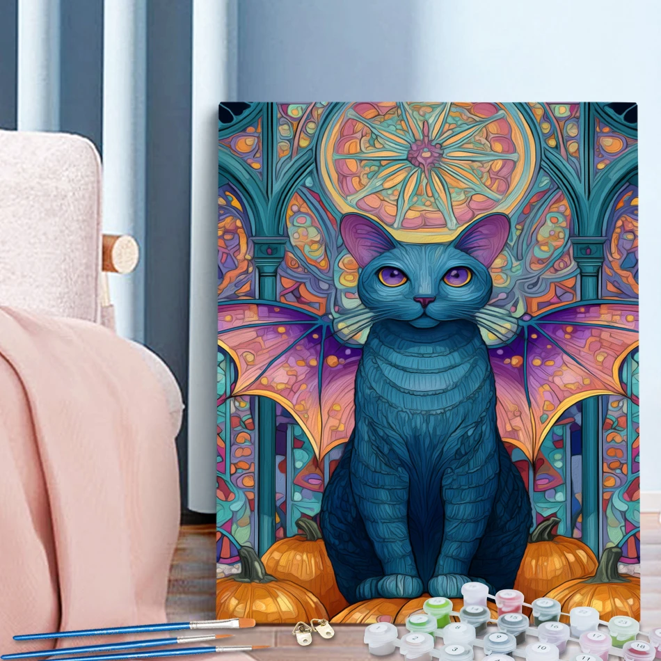 RUOPOTY Malerei, Malen nach Zahlen, Katze, Kürbis, Fledermaus, Halloween-Illustration, dekorative Malerei, ätherisches Geschenk, Farbmarkierungen, Dekor