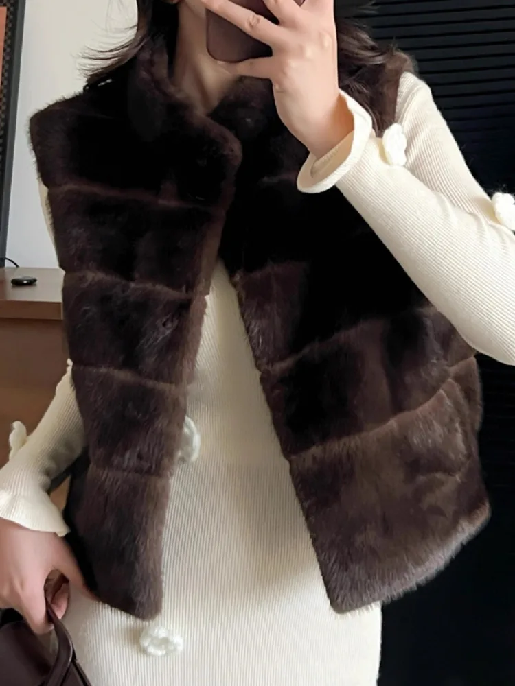 سترة نسائية من الفرو الصناعي من ZMEENNA بدون أكمام ملابس خارجية منفوشة أشعث تصميم شريطي أفقي قطعة طبقات دافئة ZM4451 #3