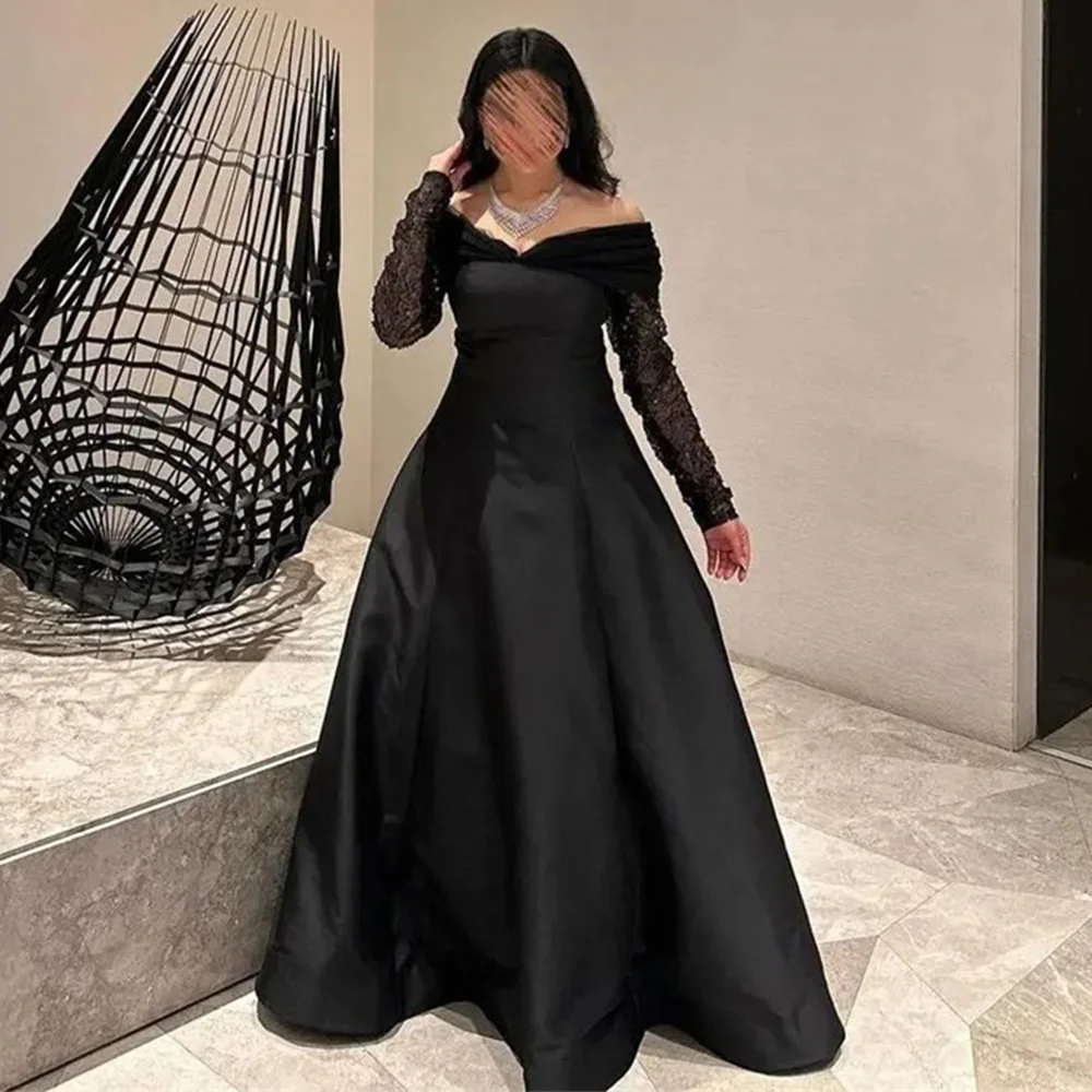 

Off Shoulder Long Sleeve Satin Patchwork Evening Dresses Backless Pleat Sweetheart Neck Prom Gown فساتين مناسبة رسمية