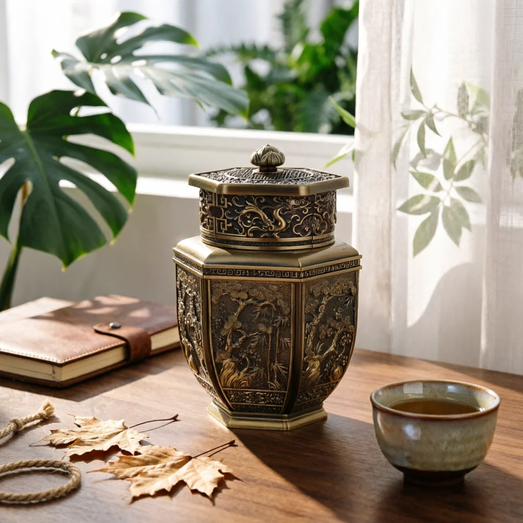 Tea Canister with Tassel Embossed Hexagonal Tea Container Bronze-Toned Traditional-Style for Collectors