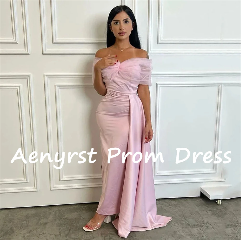 Aenyrst Pink Off The Shoulder Mermaid Saudi Arabia Prom Dresses Satin Sweetheart Evening Gowns Ankle Length Dinner Party Dress