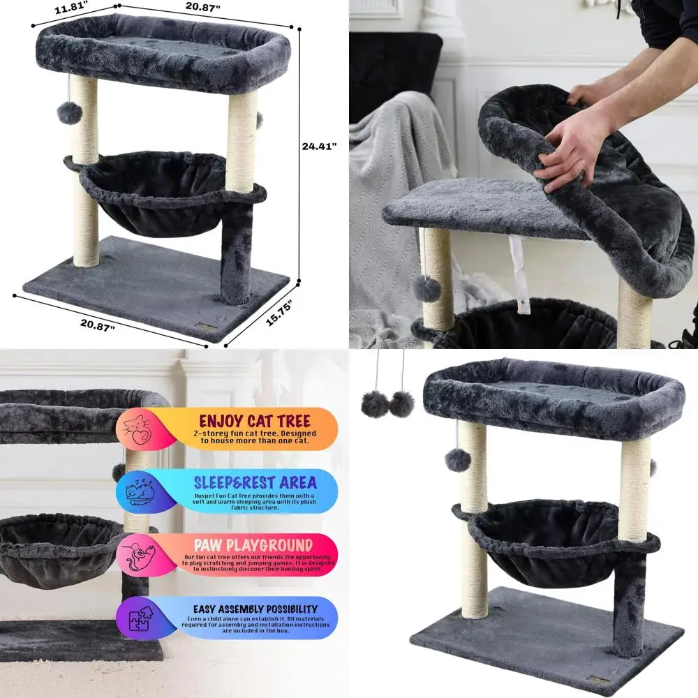

24 Multi-Level Indoor Cat Tree with Hammock, Scratching Post, and Small Bed for Large Cats - Dark Gray