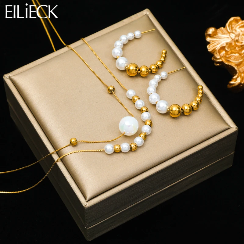 EILIECK 316L Edelstahl Perle Perlen Ball Anhänger Halskette Ohrringe Für Frauen Mädchen Mode Lichtecht Schmuck Set Geschenk Neue