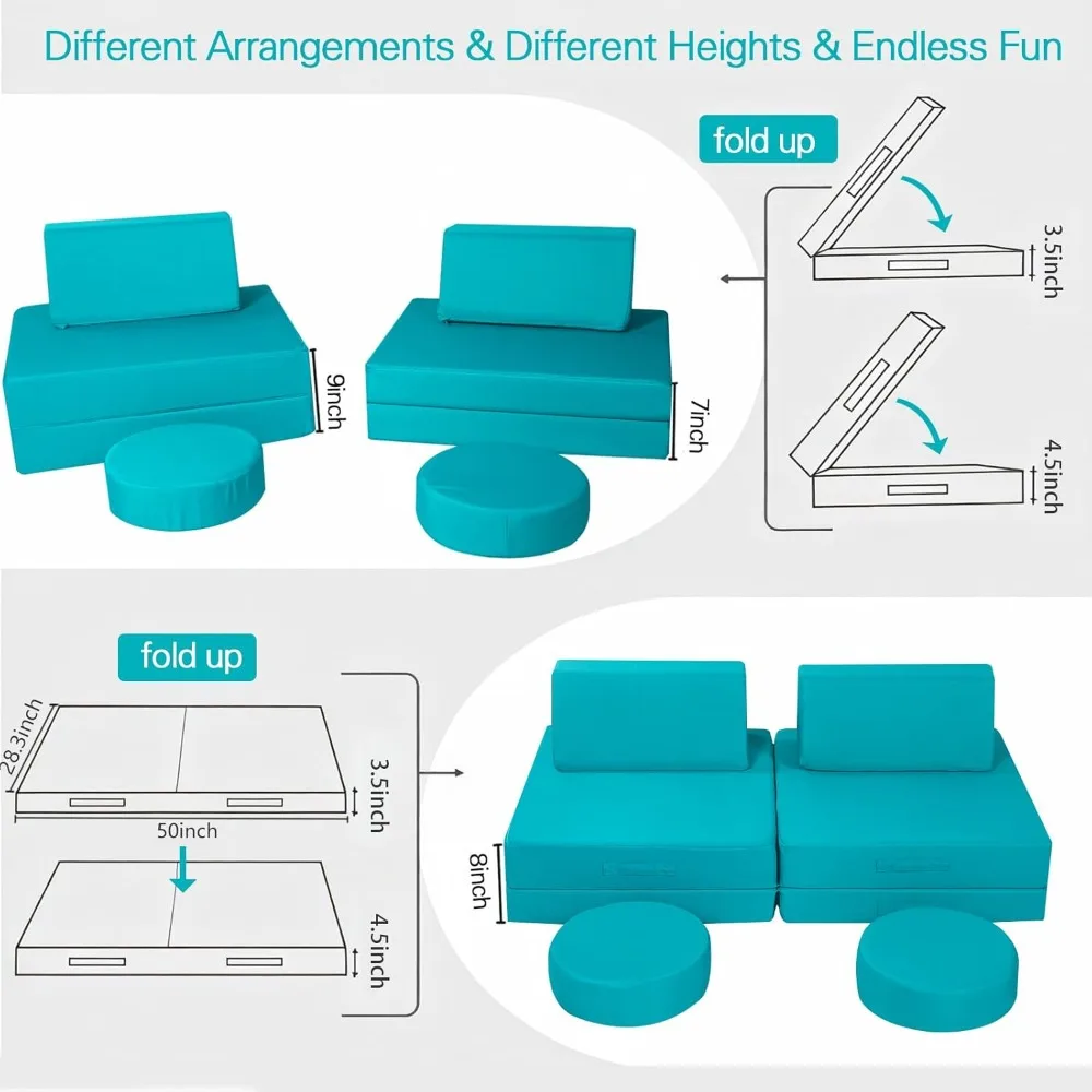 Sofá modular para niños pequeños, fuerte de construcción para sala de juegos, juego de sofá plegable para bebé de 8 piezas, sofá convertible de espuma para niños, azul