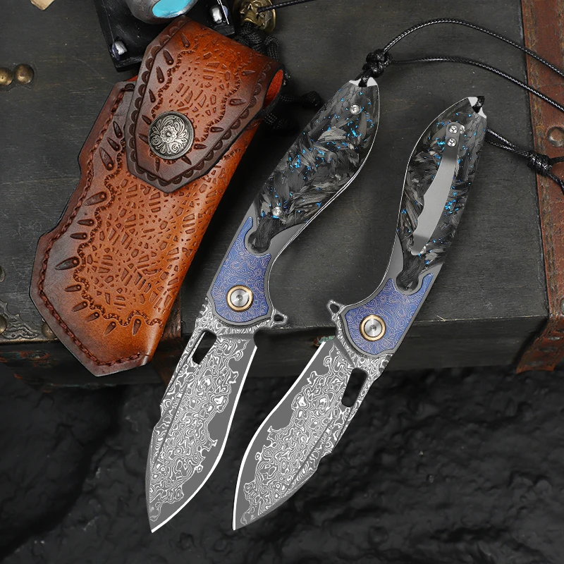 High-quality Damascus steel pocket knife, unisex folding knife with a leather sheath, ideal for outdoor activities, camping, and hiking—a versatile EDC folding knife that’s easy to carry.