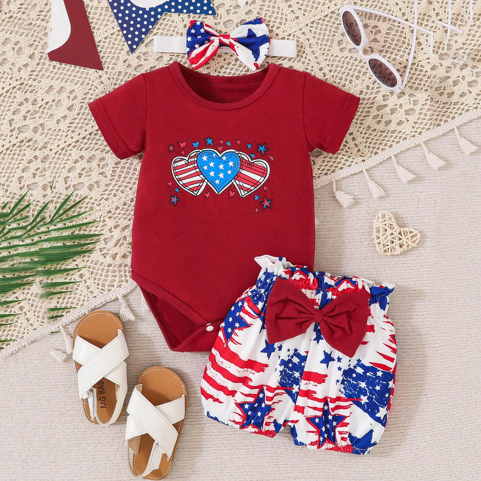 

Outfits for Kids Toddler Boys Girls Independence Day Heart Pattern ​Printing Romper Bodysuit Shorts Stretch Receiving Blanket