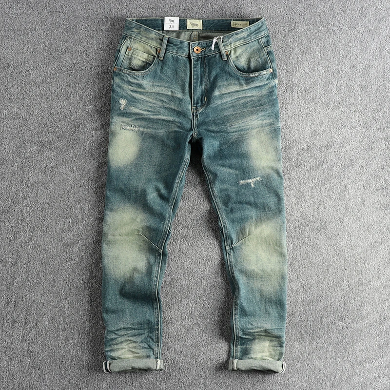 

Heavy Washing Hanging Dyeing Old Vintage Jeans Men Three-dimensional Cut Slim Small Straight Youth Trend Pants