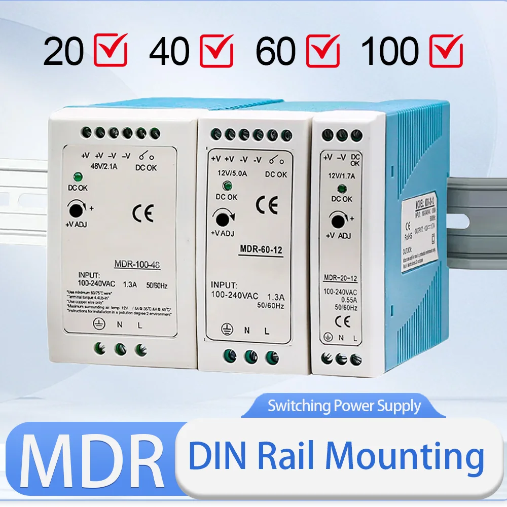 5V 12V 24V 48V Power MDR-20W 60W 100W Industrial Mini AC/DC Din Rail Power Supply Switch Single Output Switching