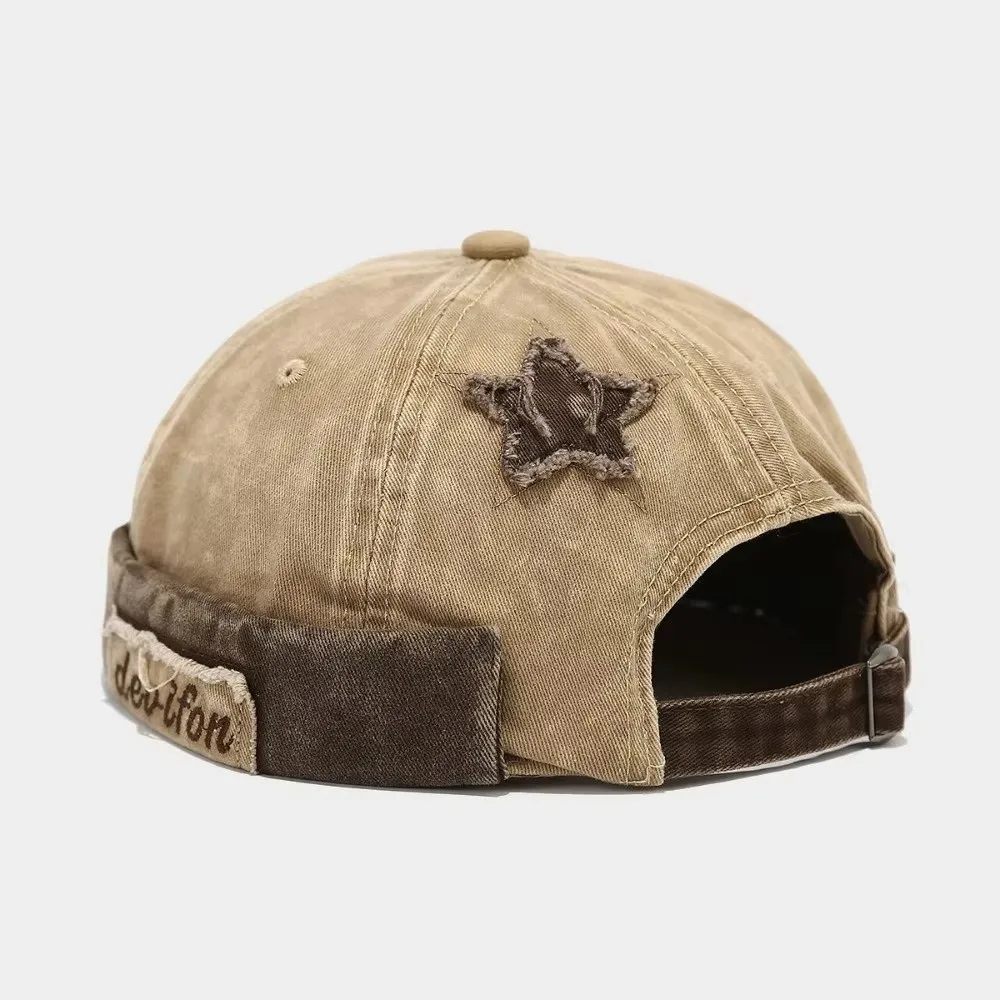 

Casual Adjustable Washed Landlord Cap Cotton Solid Color Brimless Melon Hat Star Splicing Letter Docker Beanie Vintage