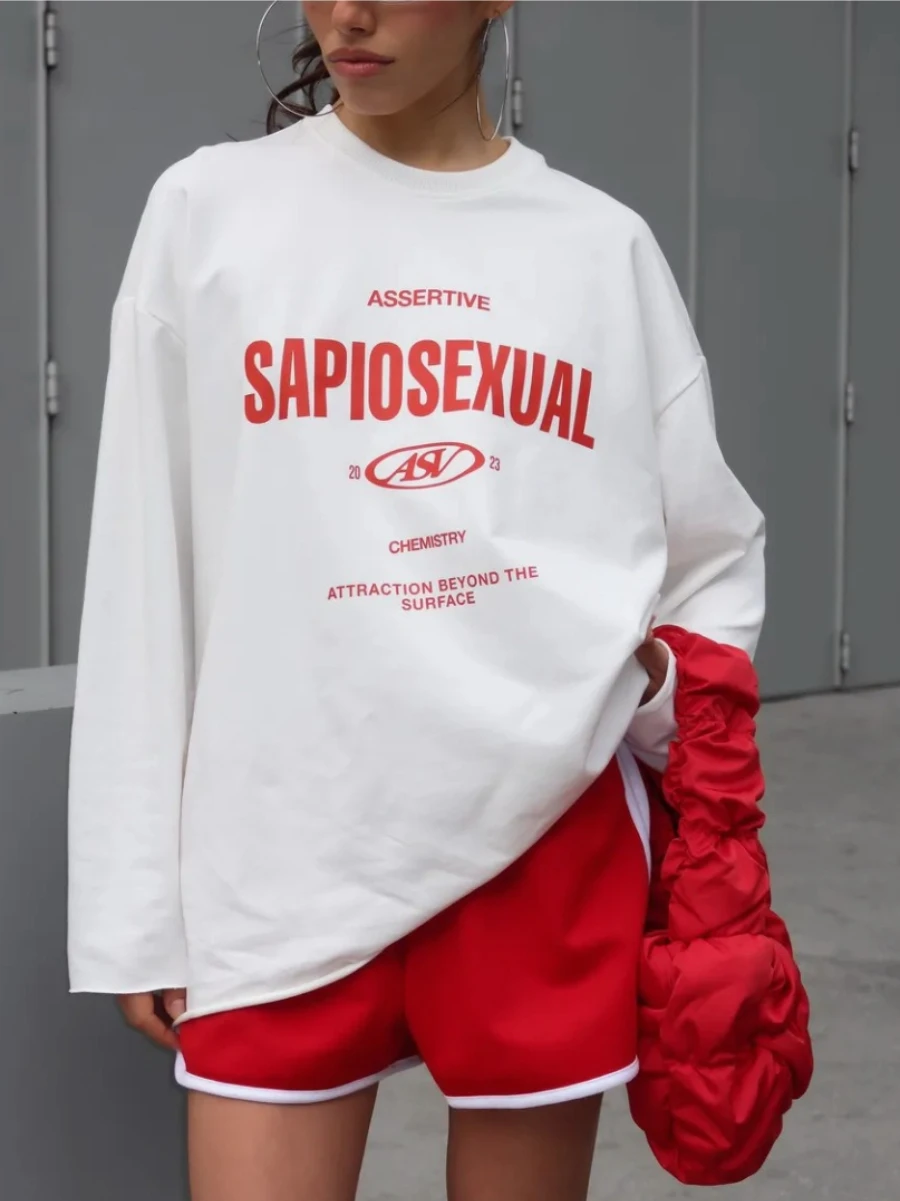100% Cotton Letter Print T-Shirt Women's Elegance Fashionable Unique Print Long Sleeve Loose Fit Versatile Casual Top