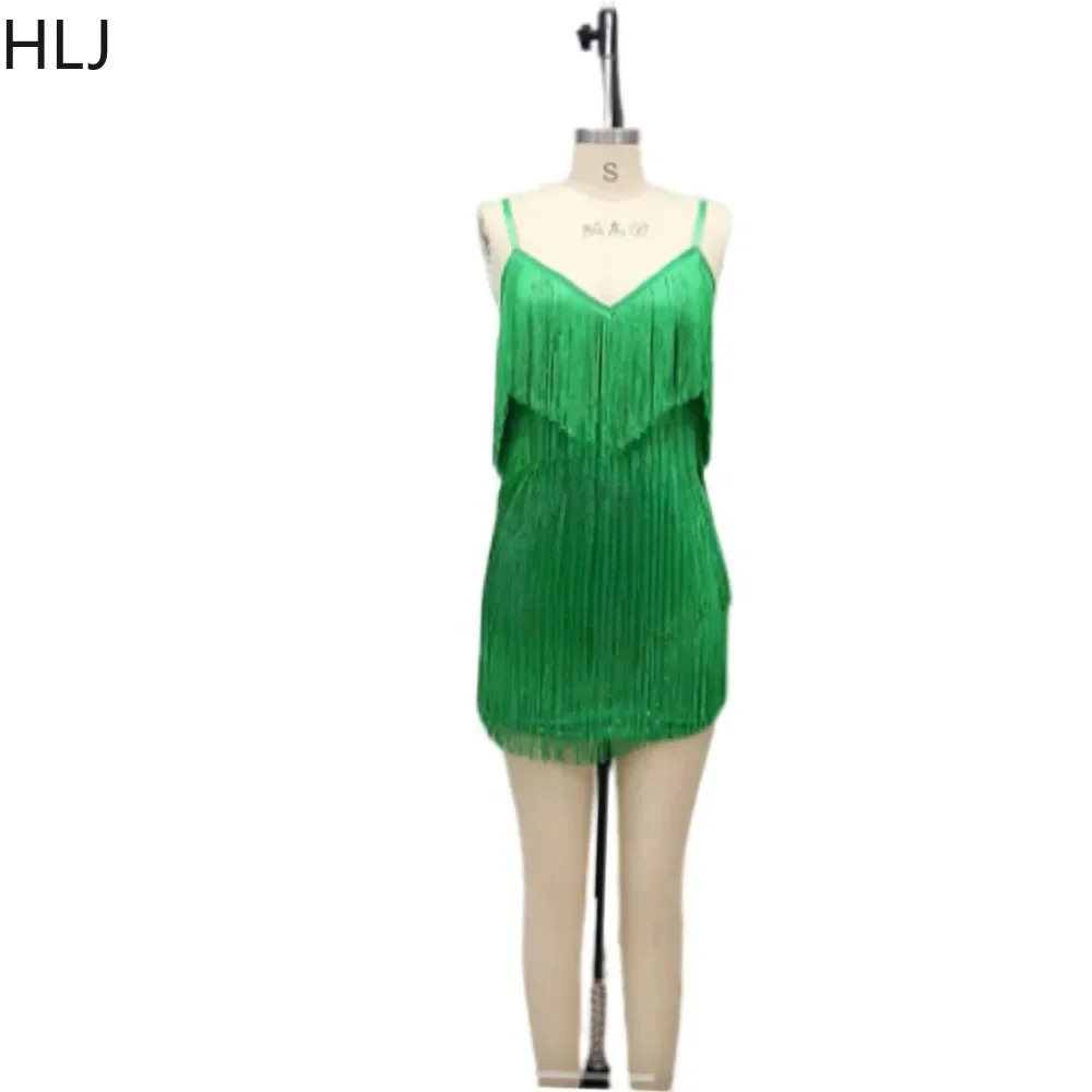 HLJ Sexy V Neck Tassels Rave Cocktail Suspended Dress Women Thin Strap Sleeveless Party Club Mini Dress Fashion Slim Clothing