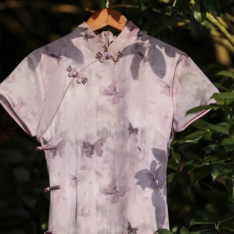 

Новинка 2023 года, фиолетовое женское платье Cheongsam, новое китайское платье с улучшенным принтом, летнее повседневное платье Ципао для молодых девушек
