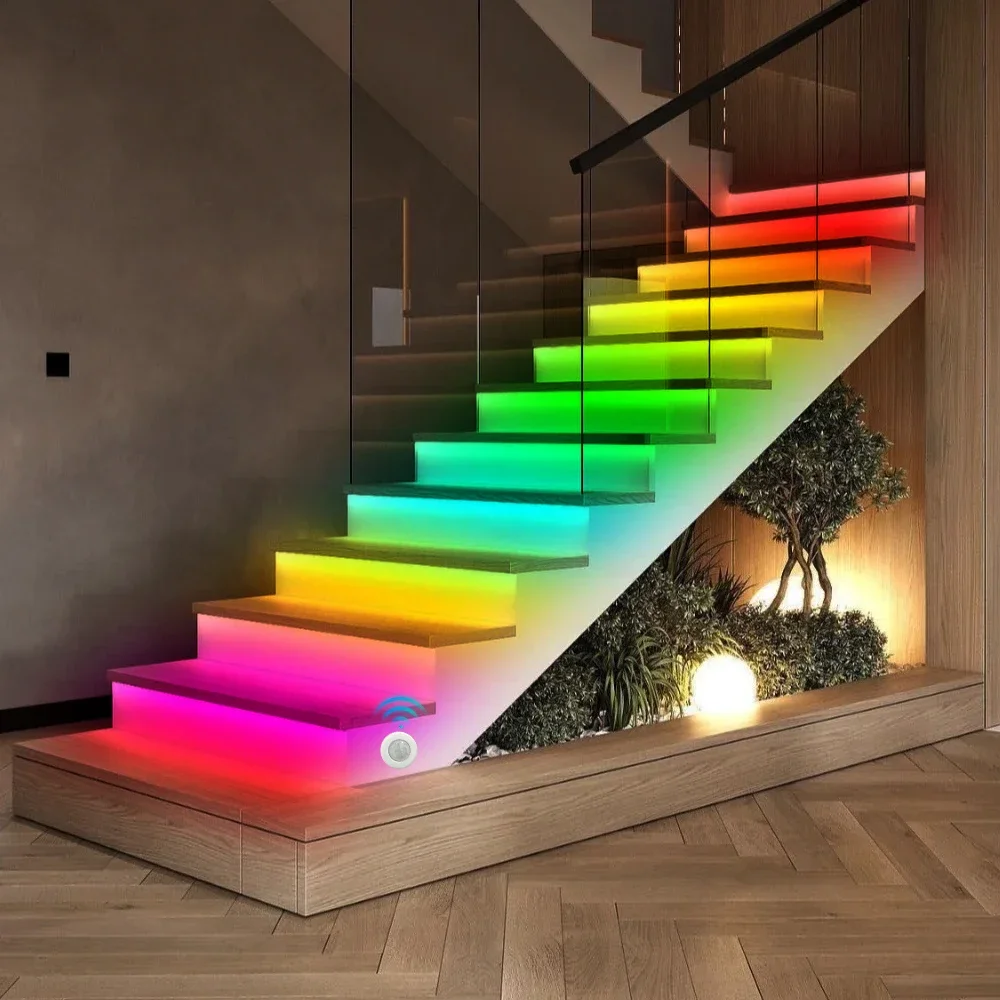 RGB Stair Motion Sensor LED Light Strip Kit 6-20steps with PIR Motion Sensor Daylight Can Dimmer Stair Indoor For Home Stairs