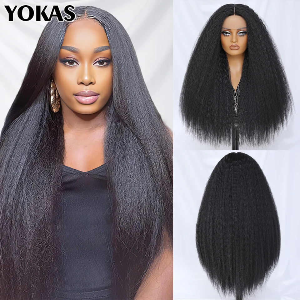 

Kinky Straight Lace Front Wig Synthetic For African Women 28 Inch T Part Blonde Black Lace Front Wig With High Temperature Fiber