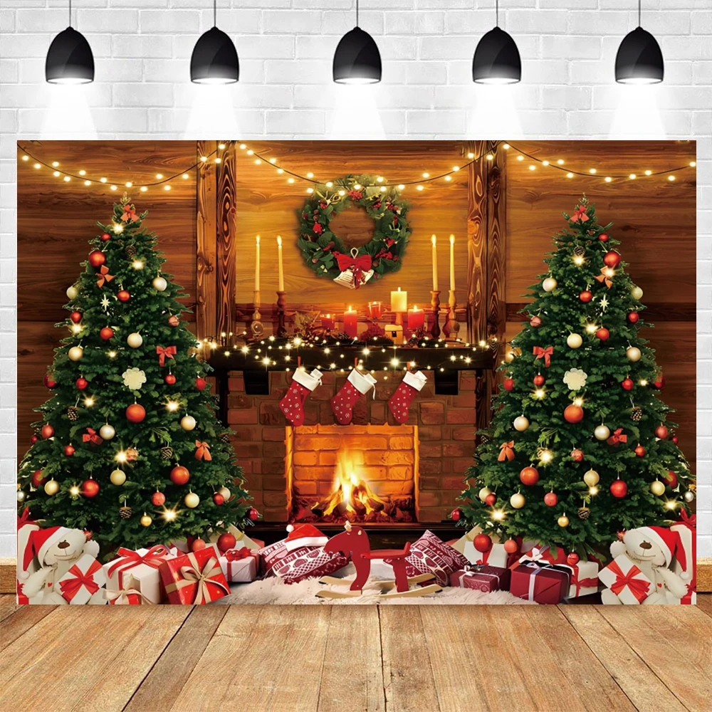 Christmas Background Photography Photozone Wooden Window Fireplace Chiristmas Tree Santa Claus 2025 New Year Backdrop Photobooth