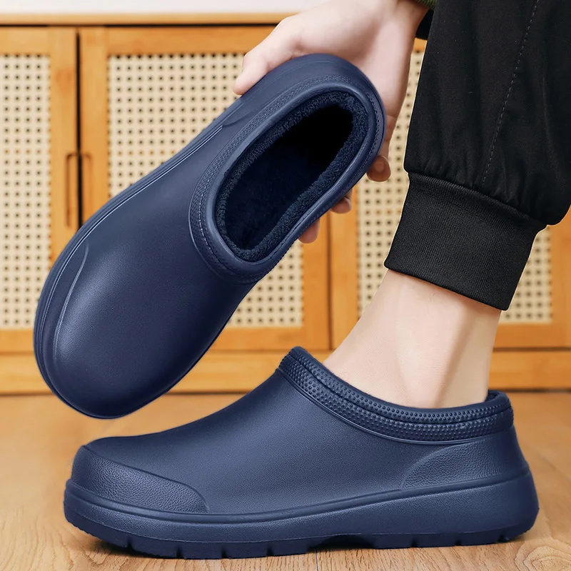 Winter EVA Men's Slippers Plush Warm Waterproof Oil-proof Men Chef Shoes Non-slip Kitchen Work Shoes Couple Home Soft Sole Shoes