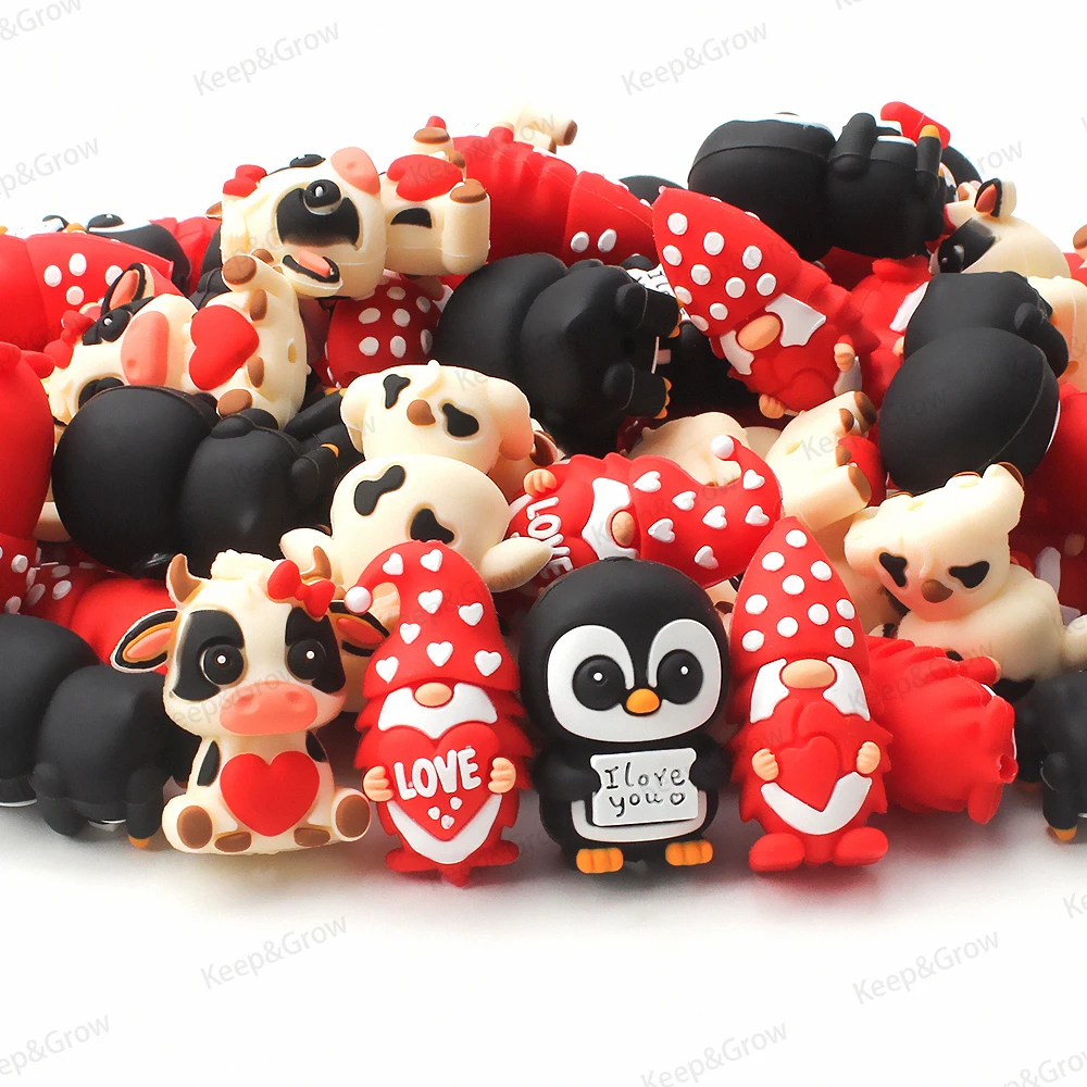 5/20/50 قطعة موضوع عيد الحب ثلاثية الأبعاد سيليكون الخرز القلب البقرة جنوم البطريق البؤري الخرز لصنع المجوهرات لتقوم بها بنفسك زوجين مجموعة لطيف