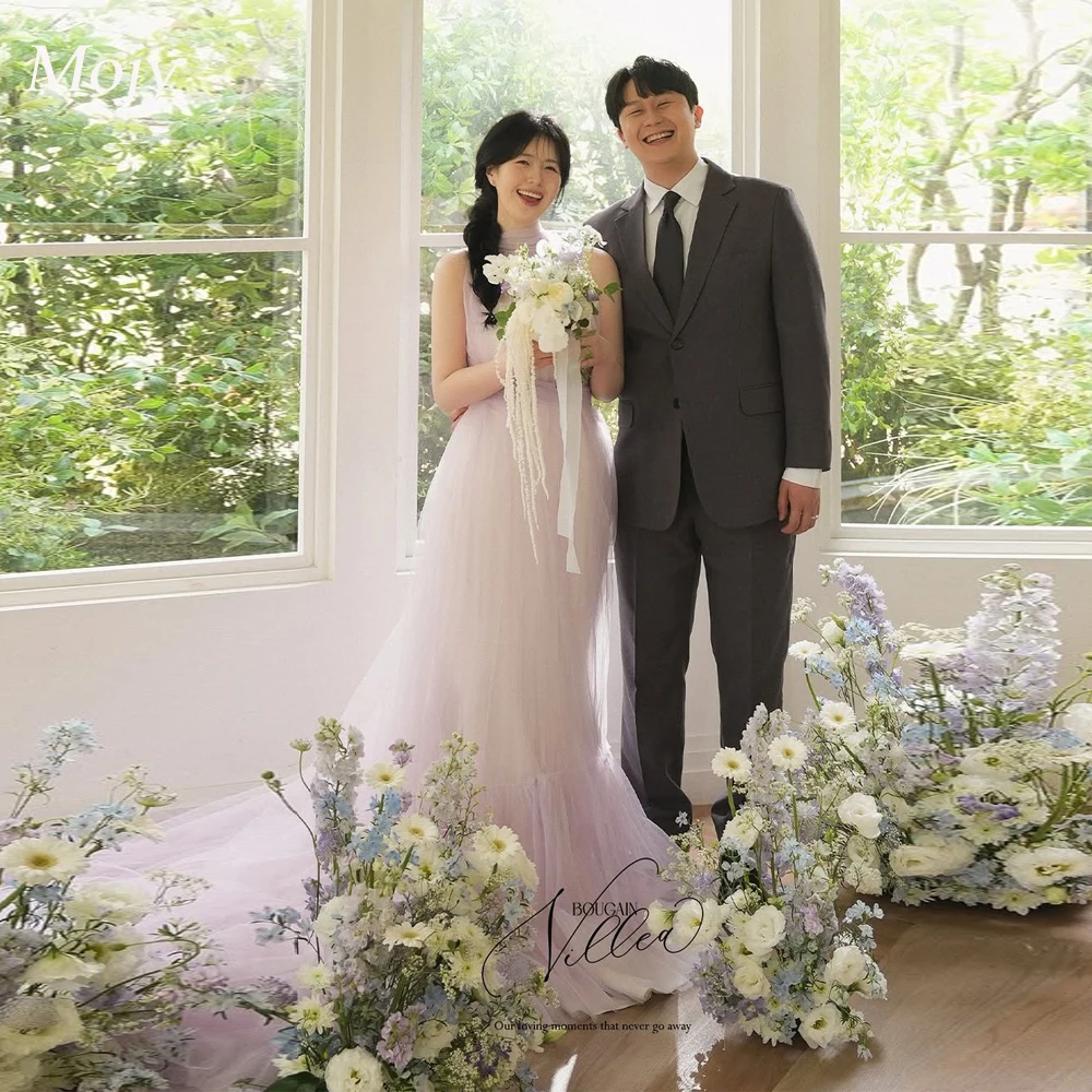 

Mojy High O Neck Korea Wedding Dresses Customized Fairy Purple Tulle Ruffles Photos Shoot Dress A Line Bride Reception Dress