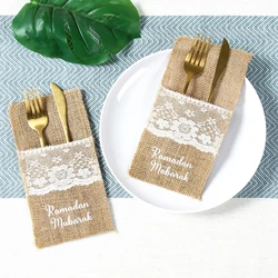 5pcs Burlap Lace Cutlery Knife Fork Bag Ramadan Eid Mubarak decoration 2025 Ramadan Kareem Islamic Muslim Party Eid Al Adha Gift