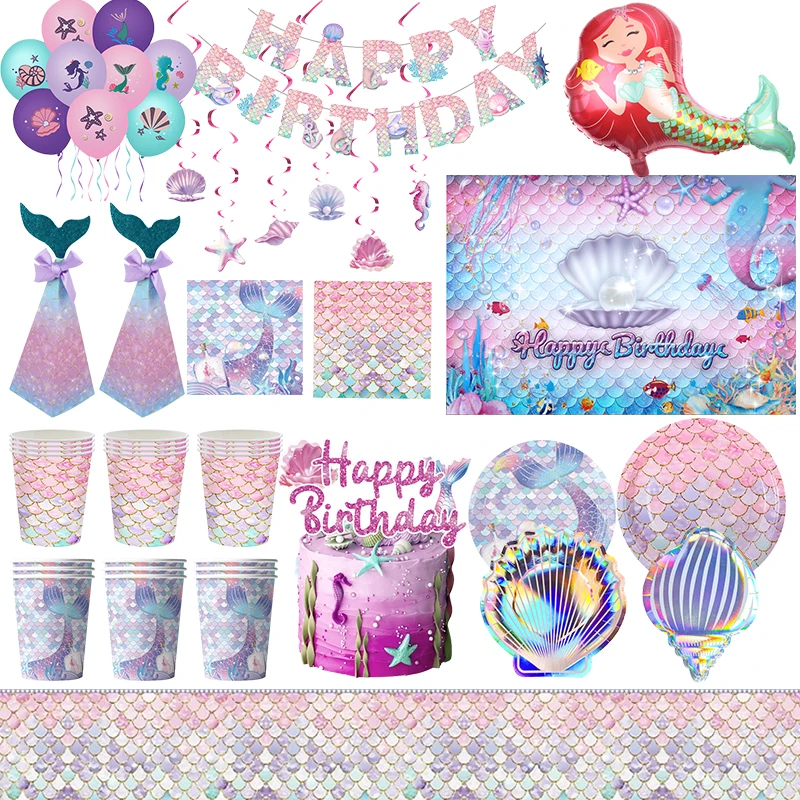 Mermaid Birthday Decoration New Theme Tableware Set Tablecloth Paper Cups Plate Backdrop Banner Baby Balloon Kids Party Supplies