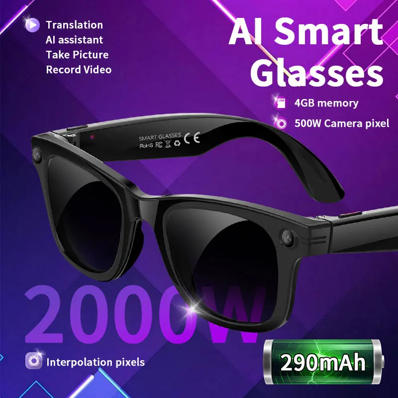 

Smart Glasses Recording Videos AI Photo Recognition Answer Translation 290mAh Large Battery IP65 Waterproof Bluetooth Glasses