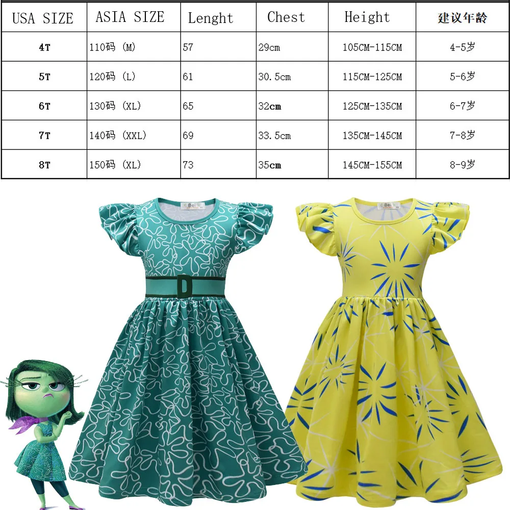 3PCS Inside Out Disgust Cosplay Costume Princess Dress+Wig+scarf for Kids Girls Halloween Carnival Birthday Happiness Dress Up