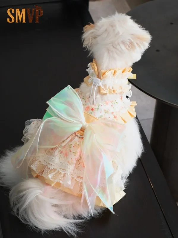 

French Style Pet Harness Dress Leash Set Yellow Floral Lace Lolita Outfit with Bow for Small Dogs Cats Matching Collar Included