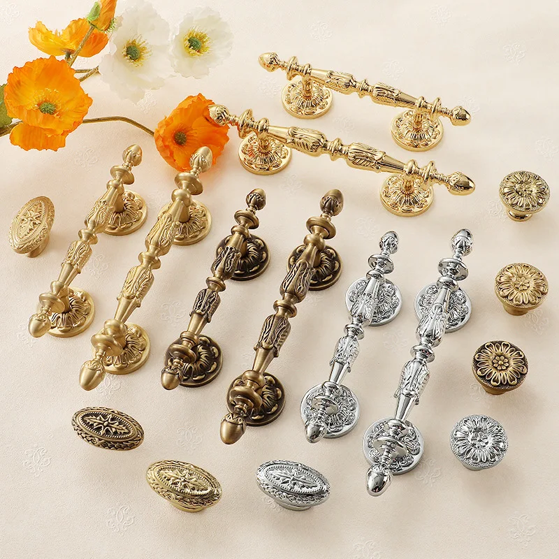 Solid Brass Door Wardrobe Handles Retro Bronze Gold French Cabinet Cupboard Hardware Kitchen Drawer Pulls Furniture Handles